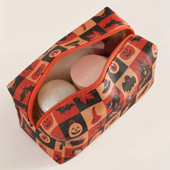 Halloween Pumpkin & Spider Web Print Makeup Bag Zipper Roomy Square Makeup Pouch