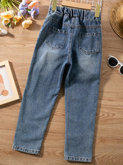 Kid Girl Butterfly Decor Skinny Fit Cotton Denim Pants
