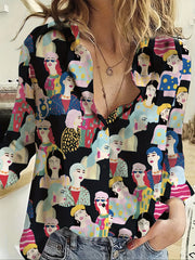 Figure Print Button Up Long Sleeve Blouse