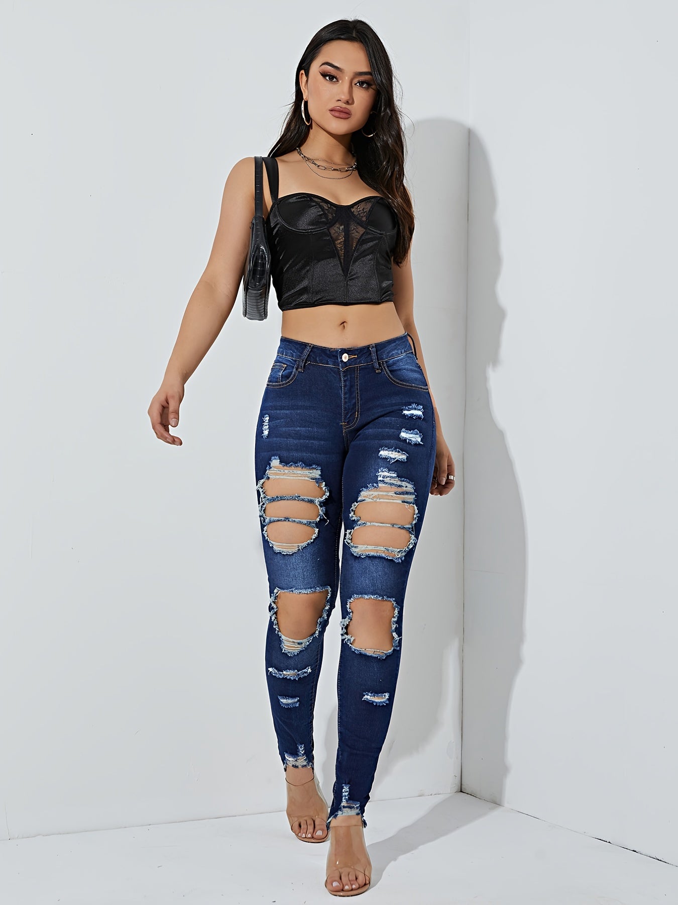 High Waist Distressed Skinny Jeans Slash Pockets Tight Fit