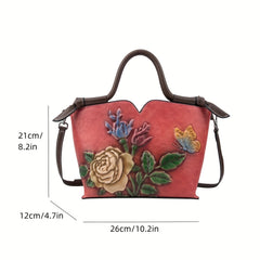 Vintage Red Leather Women's Handbag with Floral Embossing