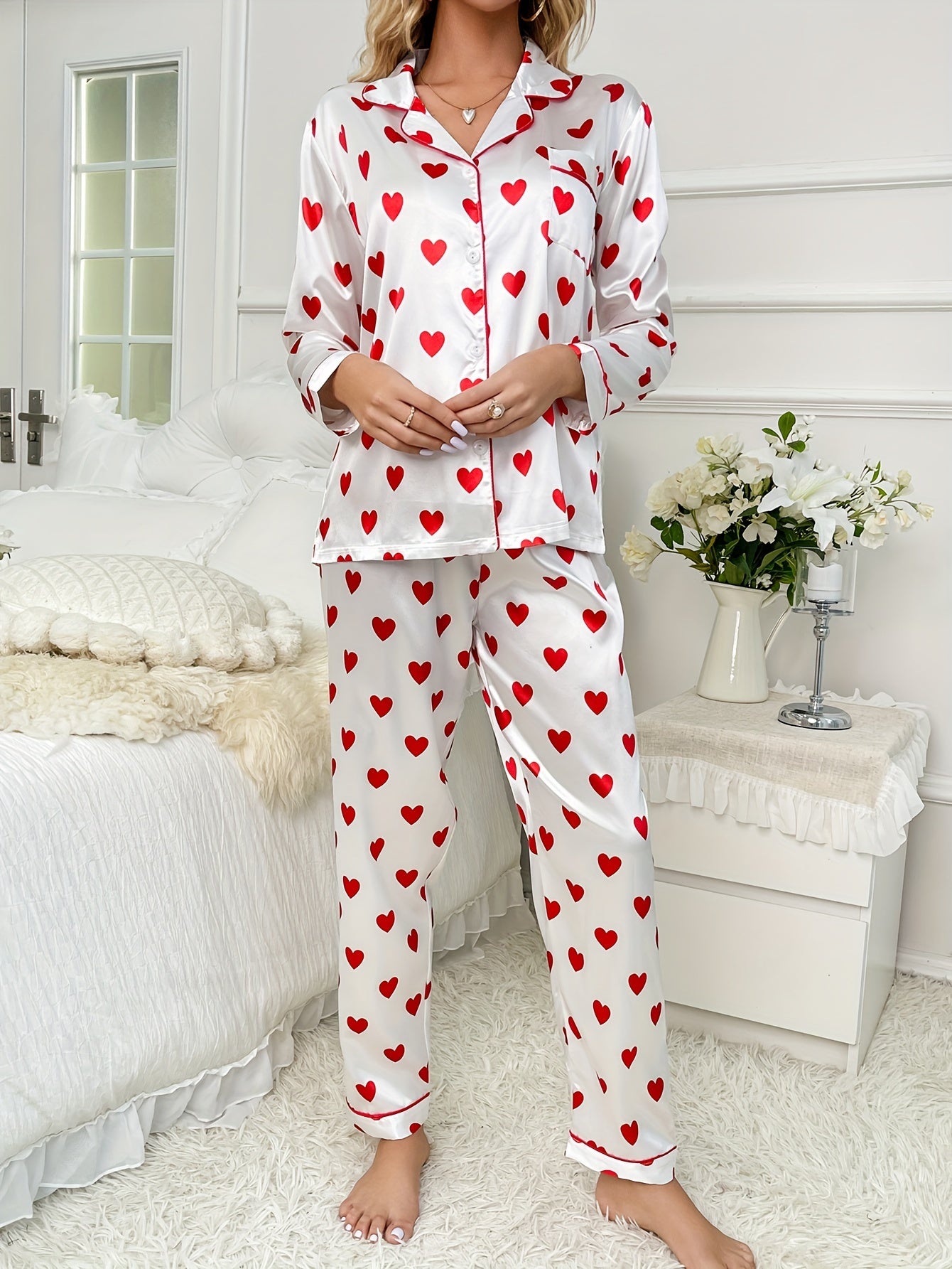 Heart Print Satin Pajamas Set Cute Long Sleeve Top & Pants Women's Loungewear