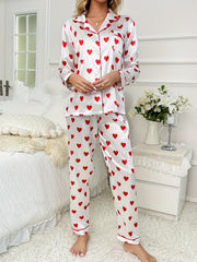 Heart Print Satin Pajamas Set Cute Long Sleeve Top & Pants Women's Loungewear