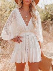Women's Casual Lace Batwing Sleeve V Neck Loose Dress