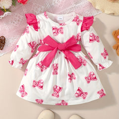 Baby Girls Bear Print Flying Sleeve Dress with Belt
