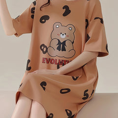 Bear Print Nightdress Short Sleeve Crew Neck Pajama Dress