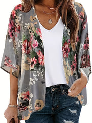 Floral Print Open Front Chiffon Cardigan Cover Up Loose Fit 3/4 Sleeve