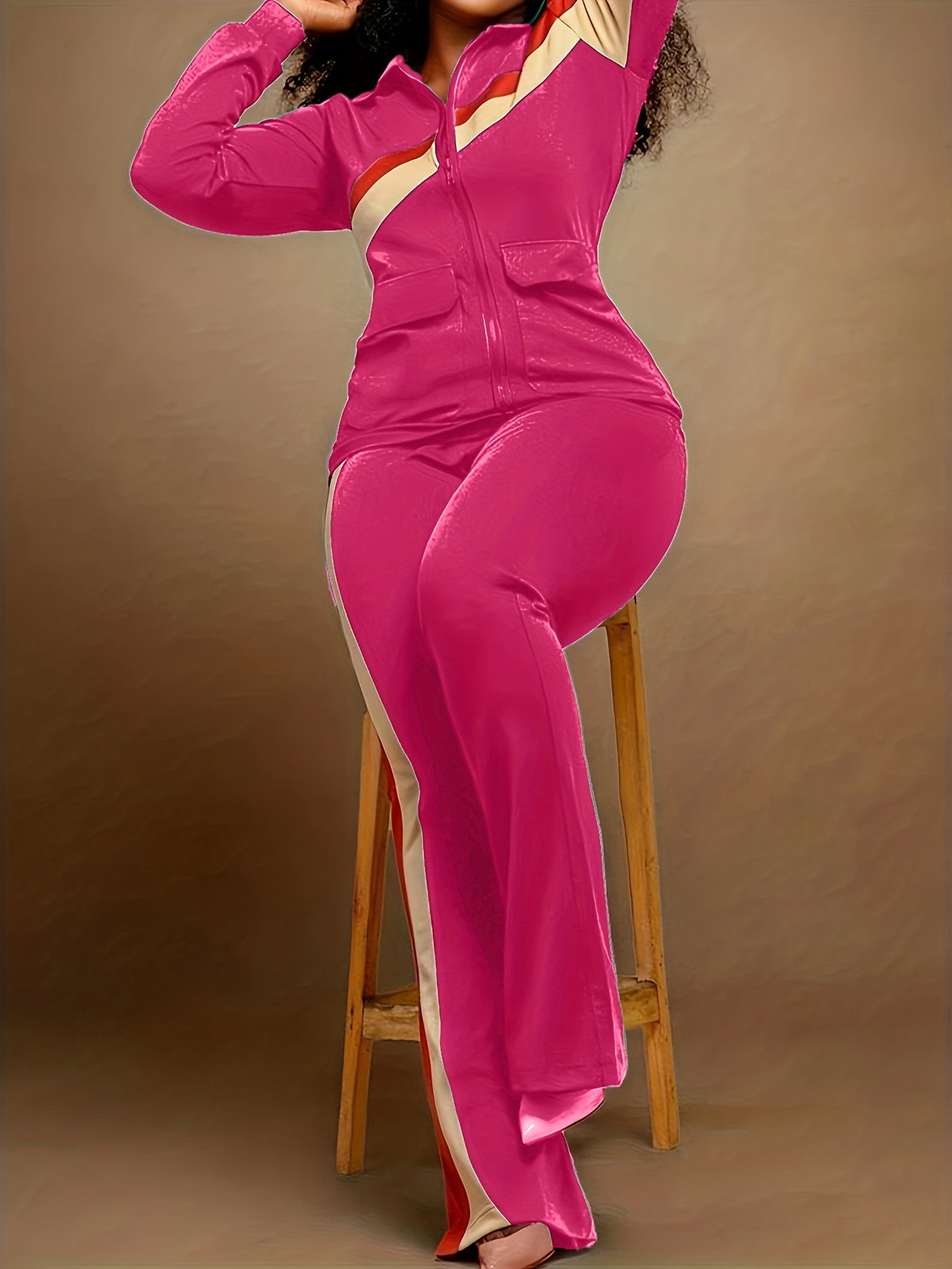 Striped Print Retro 2-Piece Set Zip-Up Jacket & Wide Leg Pants