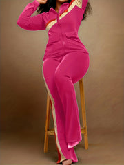 Striped Print Retro 2-Piece Set Zip-Up Jacket & Wide Leg Pants