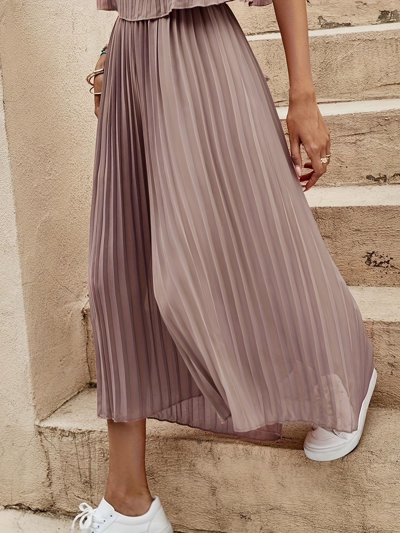 Solid Pleated Wide Leg Pants Cropped - Women's Clothing