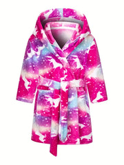 Kid's Unicorn Hooded Bathrobe Gradient Flannel Pajamas