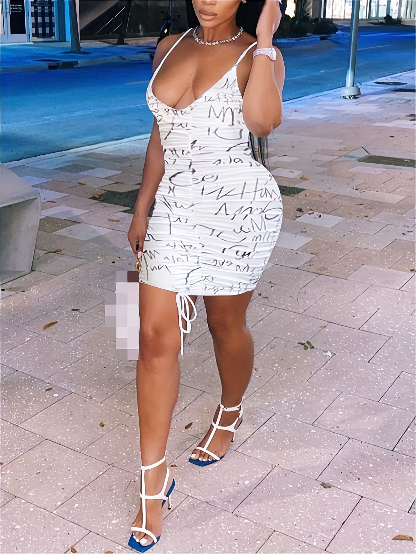 Sexy Cami Dress Women's Plus Graffiti Print V Neck Ruched