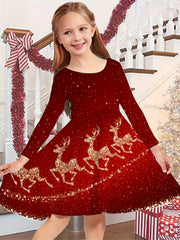 Girls Reindeer Graphic Long Sleeve Dress for Spring Fall
