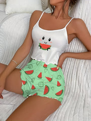 Cartoon Print Pajama Set - Crew Neck Cami Top & Shorts