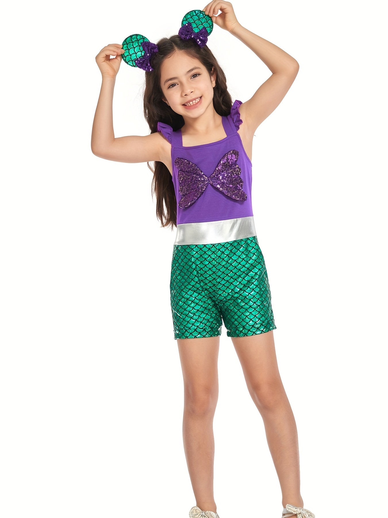 Girls Mermaid Ruffle Sleeve Jumpsuit with Bow Romper for Summer Costume