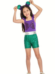 Girls Mermaid Ruffle Sleeve Jumpsuit with Bow Romper for Summer Costume