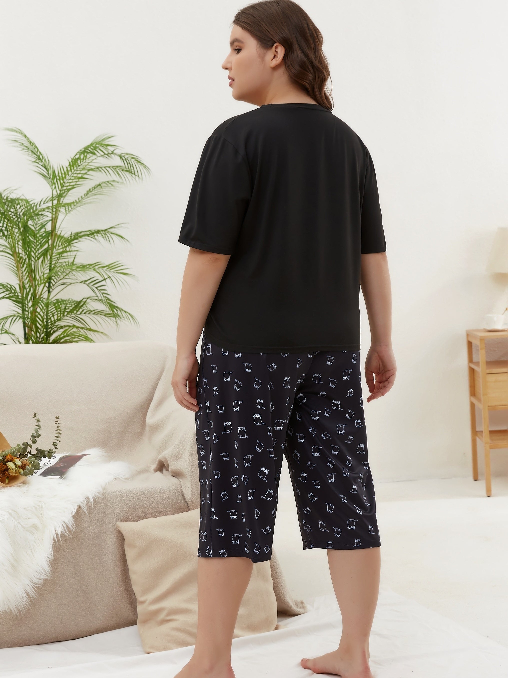 Women's Plus Cat Print Short Sleeve Top & Pants Home Wear Two Piece Set