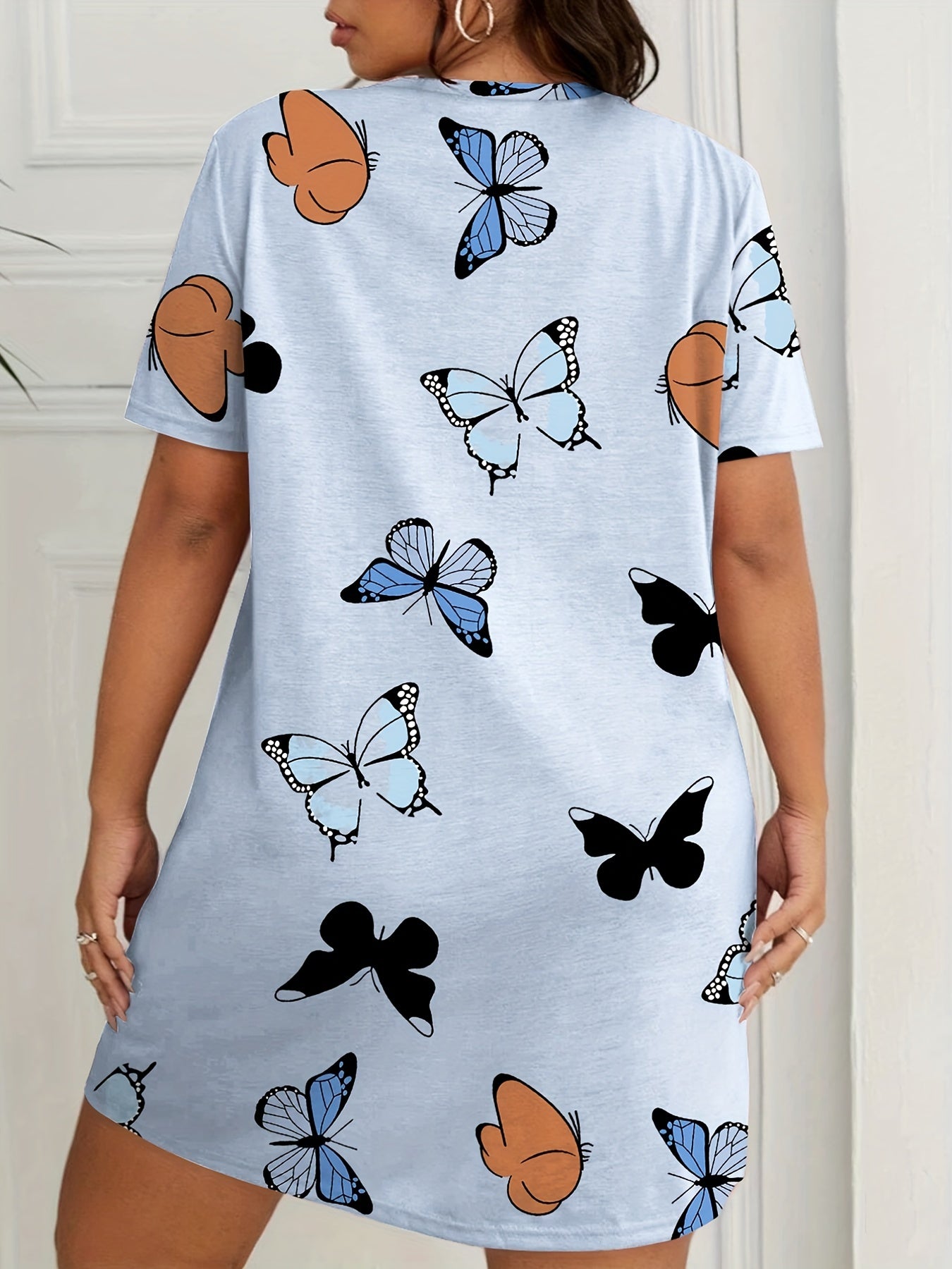 Butterfly Print Nightdress Short Sleeve Round Neck Sleep Dress