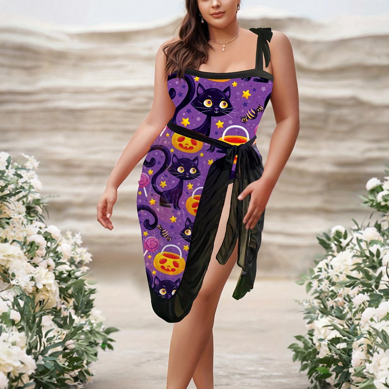 Cat & Pumpkin Print One Piece Swimsuit & Wrap Cover Up Set