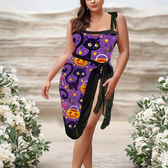 Cat & Pumpkin Print One Piece Swimsuit & Wrap Cover Up Set