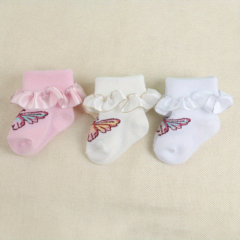 3 Pairs Baby Girl Dress Socks Butterfly Pattern Lace Ruffled Socks
