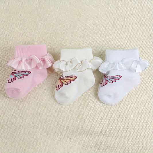 3 Pairs Baby Girl Dress Socks Butterfly Pattern Lace Ruffled Socks