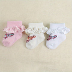 3 Pairs Baby Girl Dress Socks Butterfly Pattern Lace Ruffled Socks