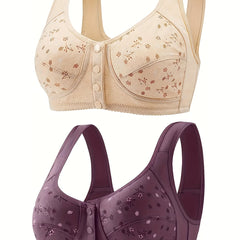 2pcs Floral Print Wireless Bras Front Buckle Bra Women's Lingerie