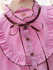 Girls Striped Preppy Shirt Button Down Bow Blouse