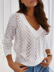 Eyelet Solid Knit Sweater V Neck Long Sleeve Casual Sweater