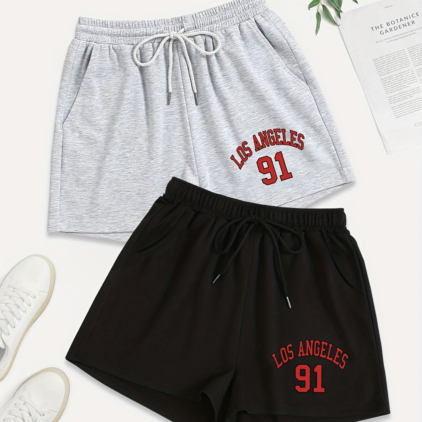 2 Pack Women's Plus Sporty Shorts Set - Letter & Number Print, Elastic Waist