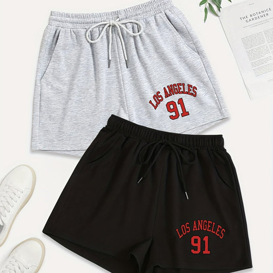 2 Pack Women's Plus Sporty Shorts Set - Letter & Number Print, Elastic Waist