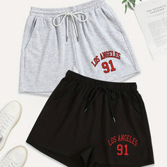 2 Pack Women's Plus Sporty Shorts Set - Letter & Number Print, Elastic Waist