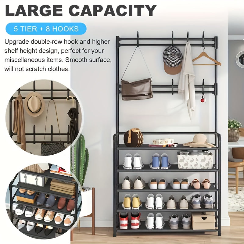 1pc Wide Entrance Coat Rack With 4 5 Storage Shelves And 8 Hooks
