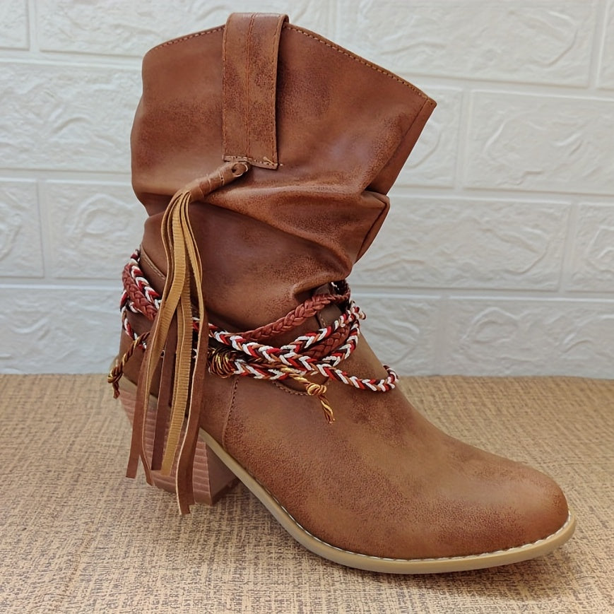 Women's Tassel Western Boots Straw Woven Chunky Heel Cowboy Shoes