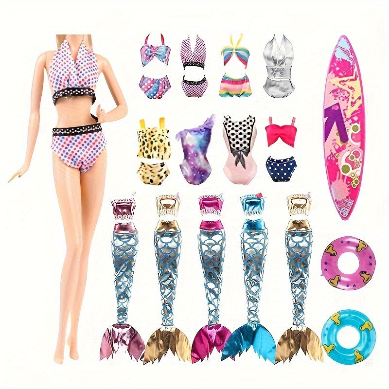 8pcs Doll Swimsuit Set 4 Swimsuits 2 Mermaid Skirts Surfboard Bikini Beach Toys