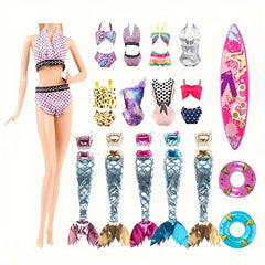 8pcs Doll Swimsuit Set 4 Swimsuits 2 Mermaid Skirts Surfboard Bikini Beach Toys
