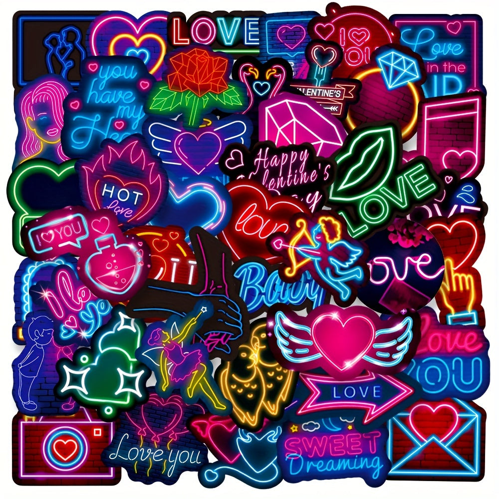 50pcs Neon Light Sweet Love Series Graffiti Stickers - Waterproof DIY Sticker