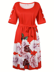 Women's Plus Floral Print Button Decor Short Sleeve Dress