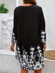 Women's V-Neck Floral Print Mesh Long Sleeve Dress