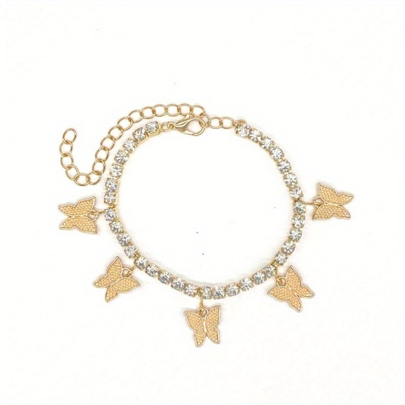 Butterfly Rhinestone Tennis Anklet, Summer Style Foot Jewelry