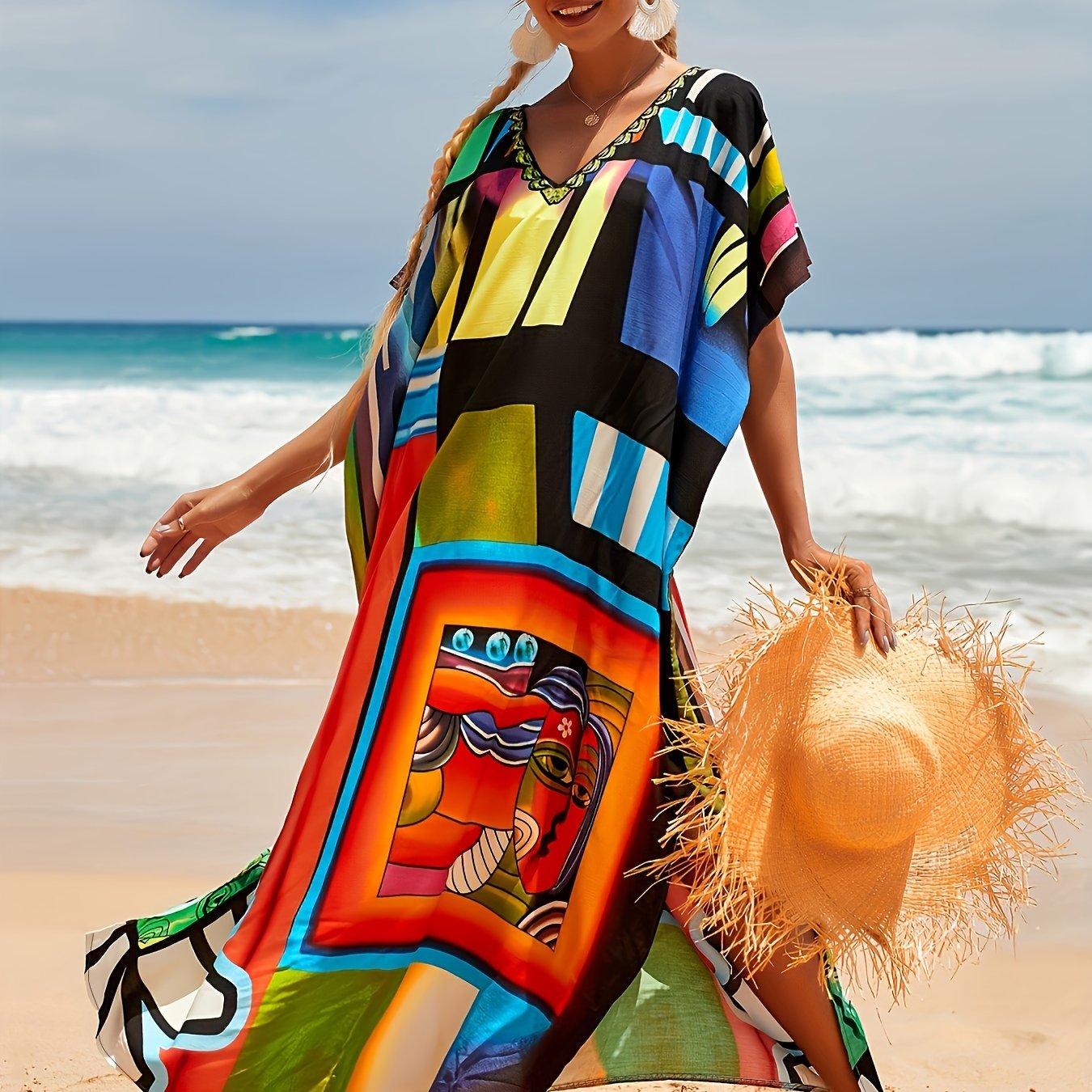 Abstract Print V Neck Cover Up