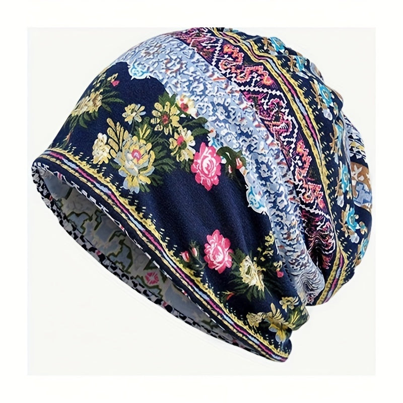 Vintage Floral Print Beanie Boho Warm Knit Hat