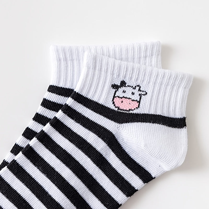 5 Pairs Mixed Pattern Socks Cow Spots Striped Ankle Women's Stockings
