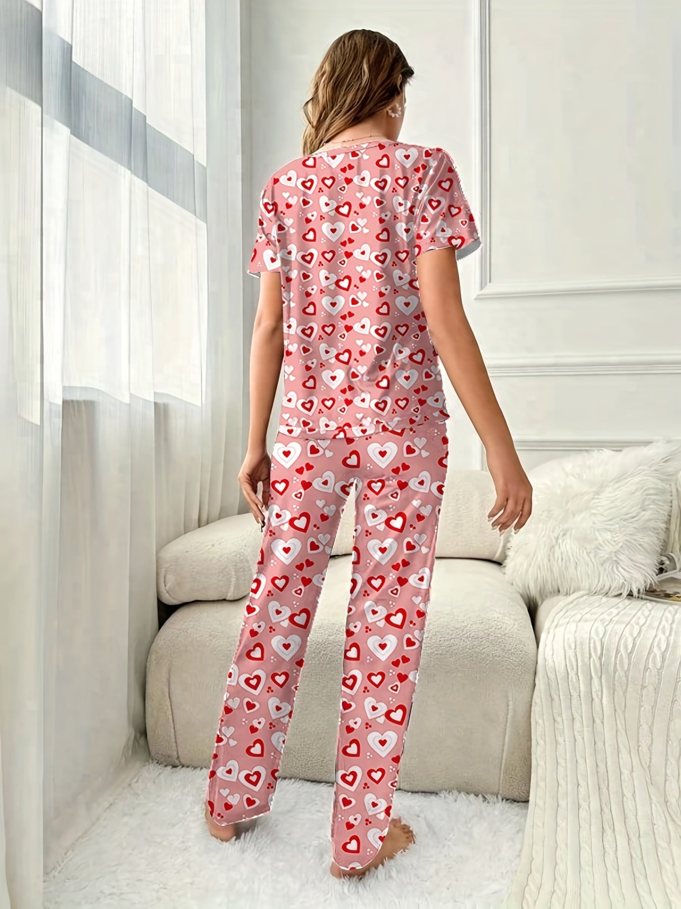Heart Print Pajama Set Short Sleeve Top & Lounge Pants Women's Sleepwear