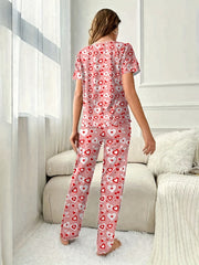 Heart Print Pajama Set Short Sleeve Top & Lounge Pants Women's Sleepwear