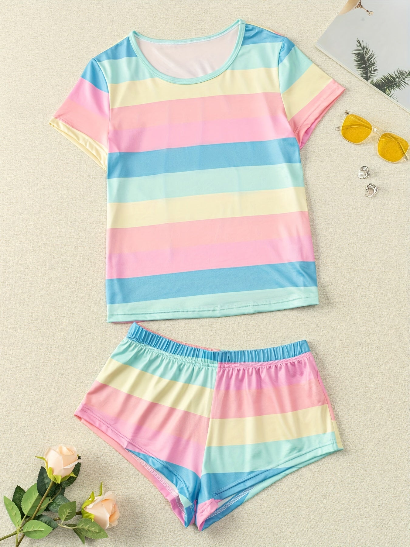 Rainbow Stripe Pajama Set Cozy Shorts & Crew Neck Top Women's Loungewear