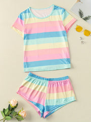 Rainbow Stripe Pajama Set Cozy Shorts & Crew Neck Top Women's Loungewear