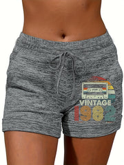 Vintage Print Drawstring Shorts Women's Clothing