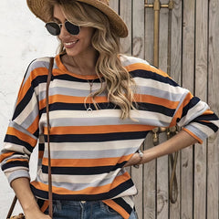 Stripe Print Long Sleeve Round Neck Knit Top